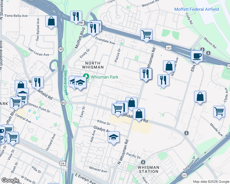 map of restaurants, bars, coffee shops, grocery stores, and more near 112 Flynn Avenue in Mountain View
