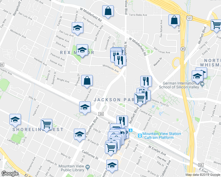map of restaurants, bars, coffee shops, grocery stores, and more near 345 North Shoreline Boulevard in Mountain View