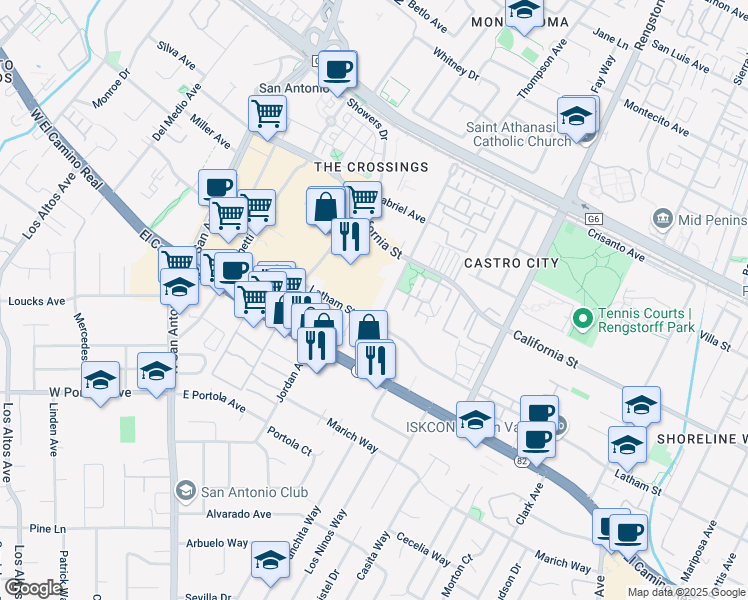 map of restaurants, bars, coffee shops, grocery stores, and more near 400a Ortega Avenue in Mountain View