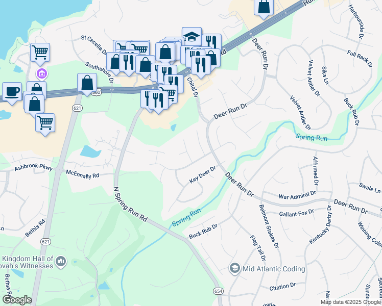 map of restaurants, bars, coffee shops, grocery stores, and more near 7123 Branched Antler Terrace in Midlothian