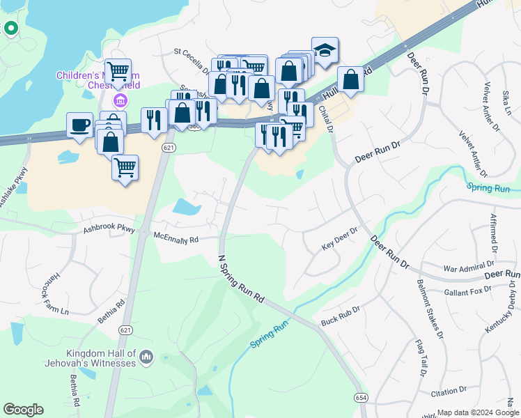 map of restaurants, bars, coffee shops, grocery stores, and more near 14415 Trophy Buck Court in Midlothian