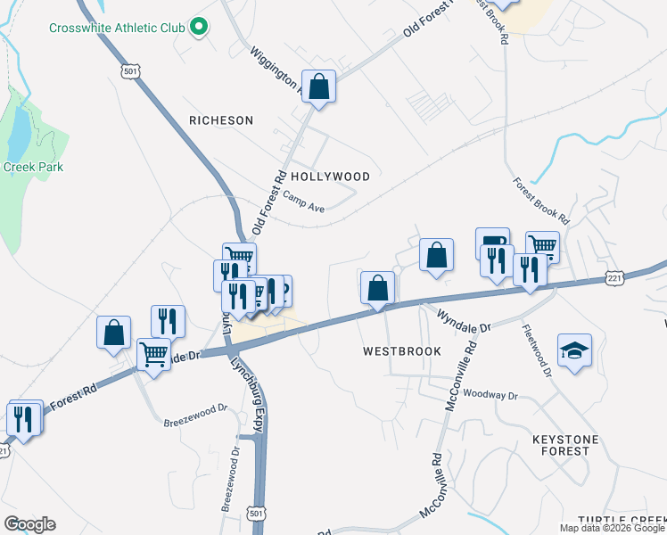 map of restaurants, bars, coffee shops, grocery stores, and more near 51 Countryplace Lane in Lynchburg