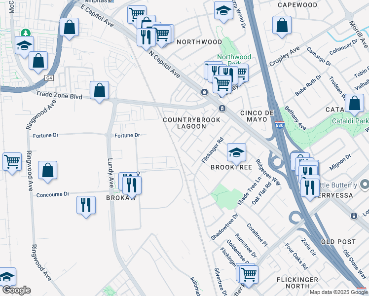 map of restaurants, bars, coffee shops, grocery stores, and more near 1850 Tradan Drive in San Jose