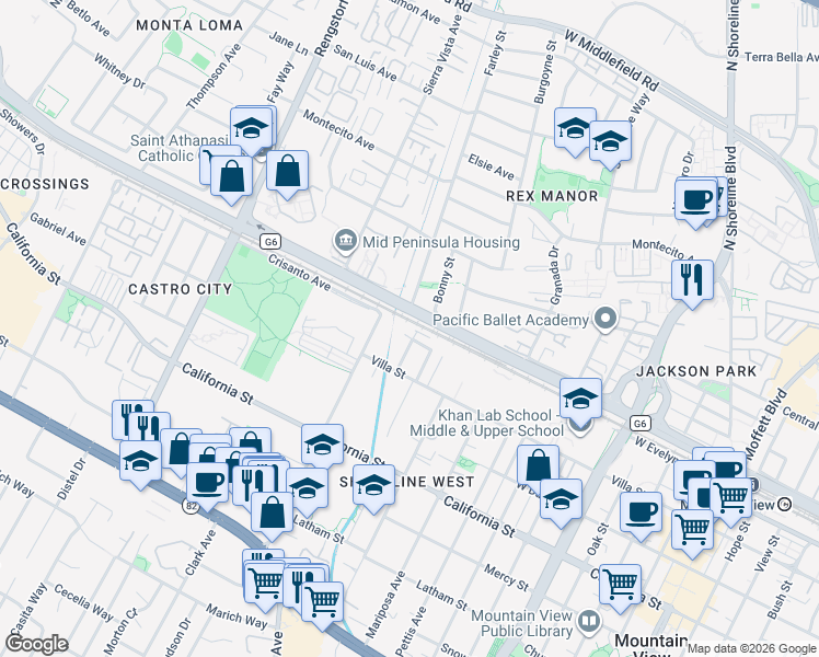 map of restaurants, bars, coffee shops, grocery stores, and more near 1826 Higdon Avenue in Mountain View