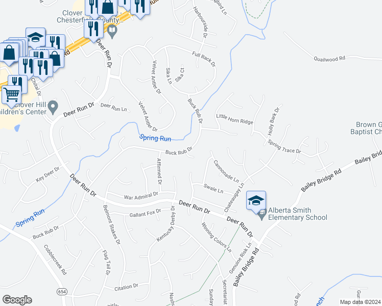 map of restaurants, bars, coffee shops, grocery stores, and more near 7301 Buck Rub Court in Midlothian