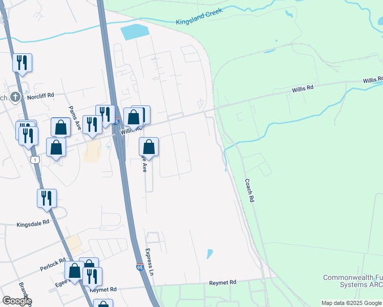 map of restaurants, bars, coffee shops, grocery stores, and more near 9343 Carroll Lane in Richmond