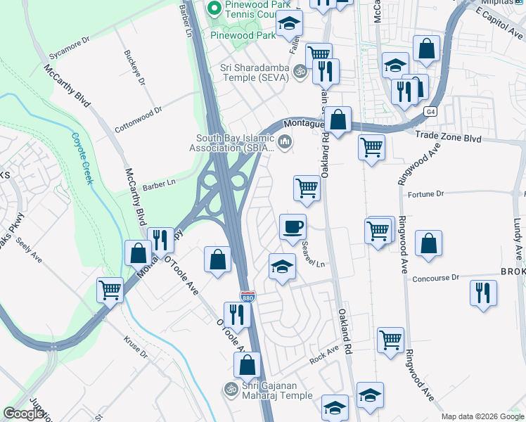 map of restaurants, bars, coffee shops, grocery stores, and more near 2151 Oakland Road in San Jose