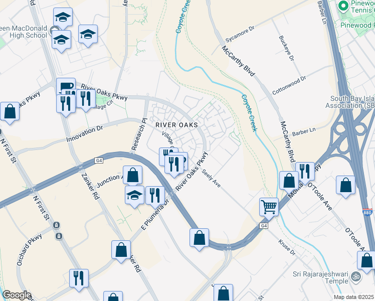 map of restaurants, bars, coffee shops, grocery stores, and more near 460 Navaro Way in San Jose