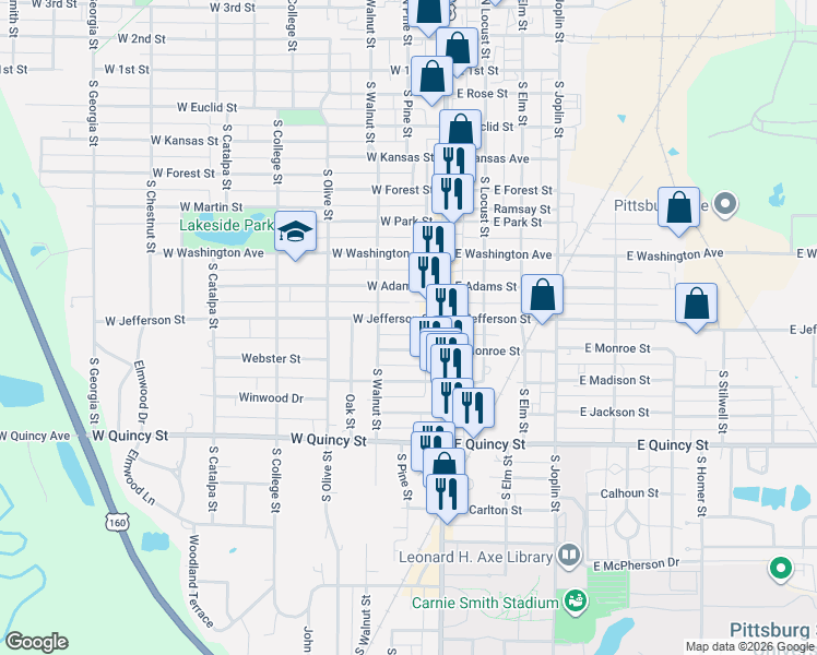 map of restaurants, bars, coffee shops, grocery stores, and more near 120 West Monroe Street in Pittsburg