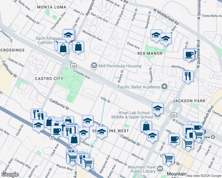 map of restaurants, bars, coffee shops, grocery stores, and more near 1826 Higdon Avenue in Mountain View