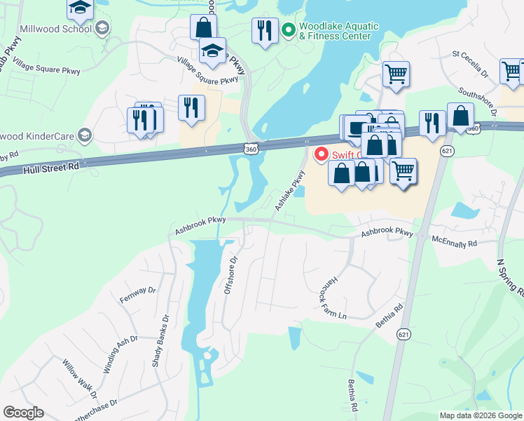 map of restaurants, bars, coffee shops, grocery stores, and more near 14500 Ashbrook Parkway in Chesterfield