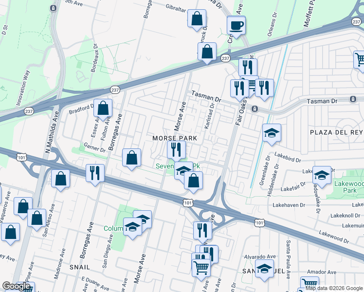 map of restaurants, bars, coffee shops, grocery stores, and more near 1033 Lyon Terrace in Sunnyvale