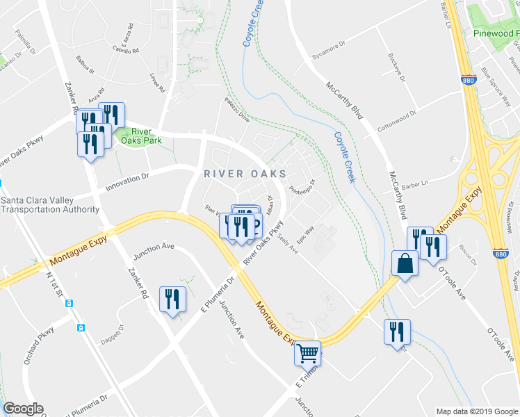 map of restaurants, bars, coffee shops, grocery stores, and more near 460 Navaro Way in San Jose