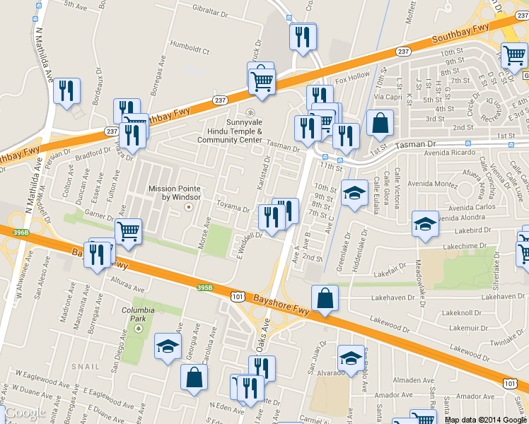 map of restaurants, bars, coffee shops, grocery stores, and more near 514 Sirte Terrace in Sunnyvale