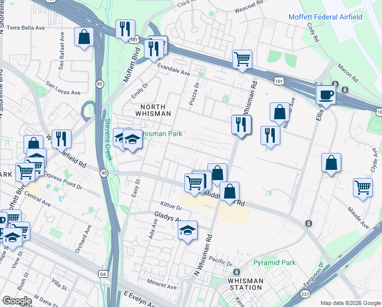 map of restaurants, bars, coffee shops, grocery stores, and more near 112 Flynn Avenue in Mountain View