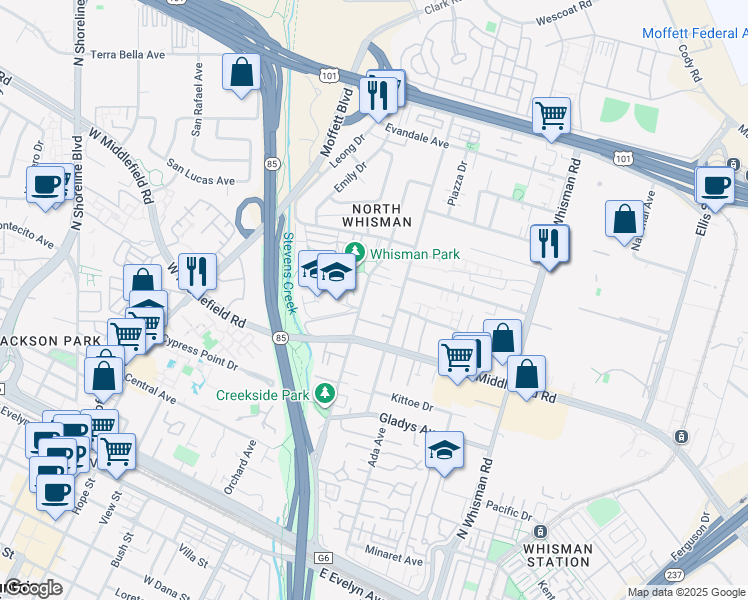 map of restaurants, bars, coffee shops, grocery stores, and more near 305 Easy Street in Mountain View