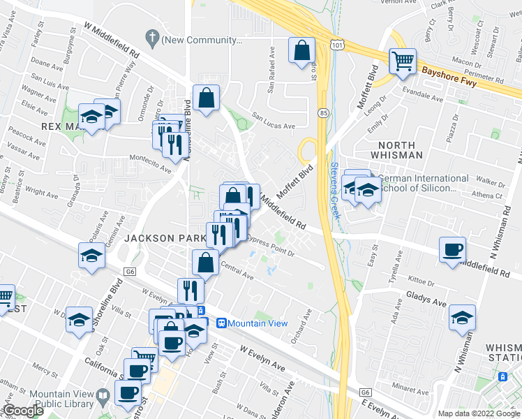 map of restaurants, bars, coffee shops, grocery stores, and more near in Mountain View