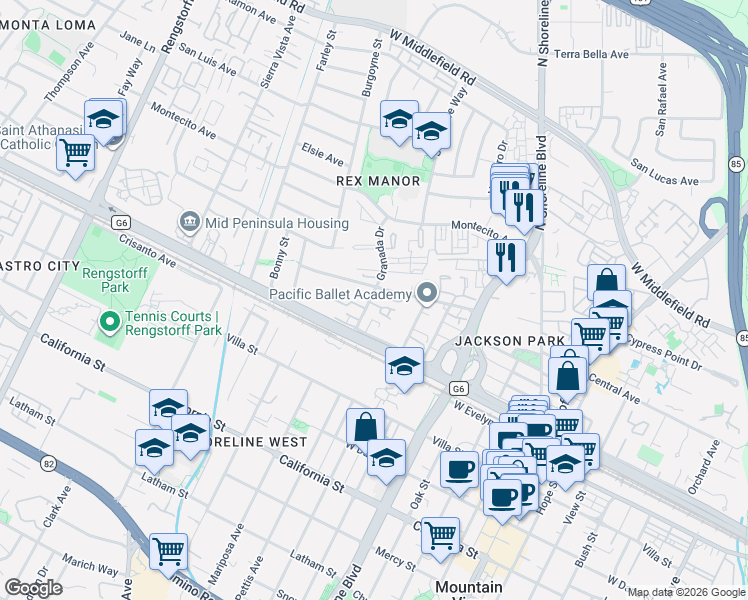 map of restaurants, bars, coffee shops, grocery stores, and more near 213 Granada Park Circle in Mountain View