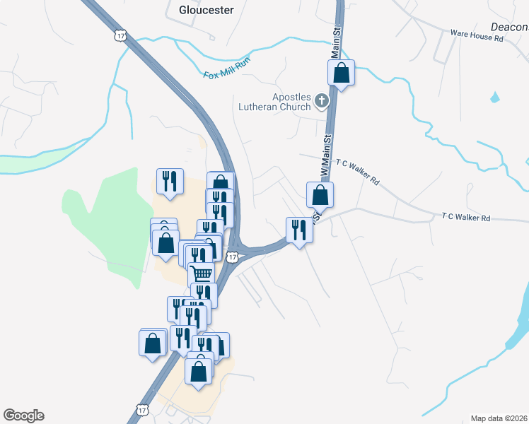 map of restaurants, bars, coffee shops, grocery stores, and more near 6799 Village S Dr in Gloucester