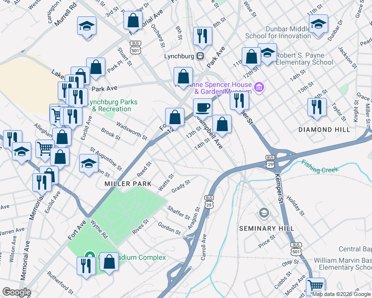 map of restaurants, bars, coffee shops, grocery stores, and more near 2208 14th Street in Lynchburg