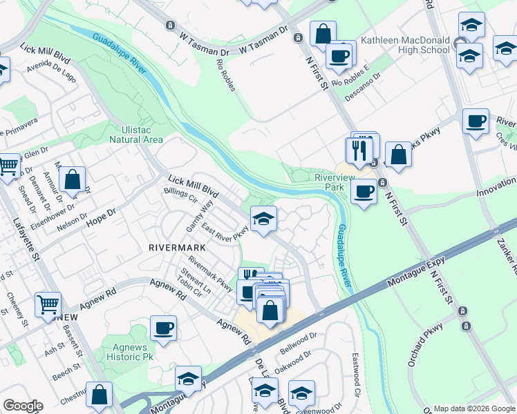 map of restaurants, bars, coffee shops, grocery stores, and more near 4321 Lick Mill Boulevard in Santa Clara