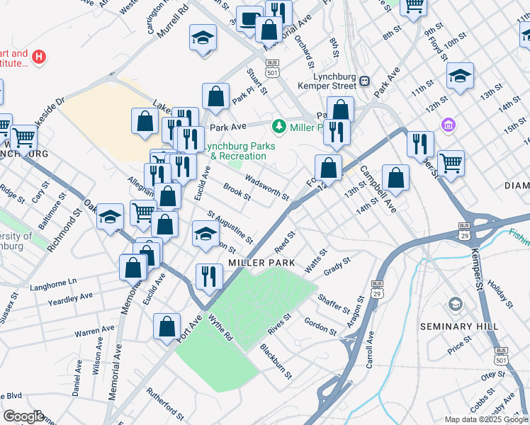 map of restaurants, bars, coffee shops, grocery stores, and more near 1099 Brook Street in Lynchburg