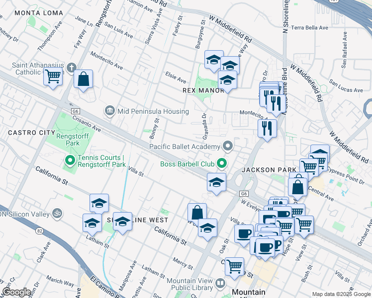 map of restaurants, bars, coffee shops, grocery stores, and more near 154 Granada Drive in Mountain View