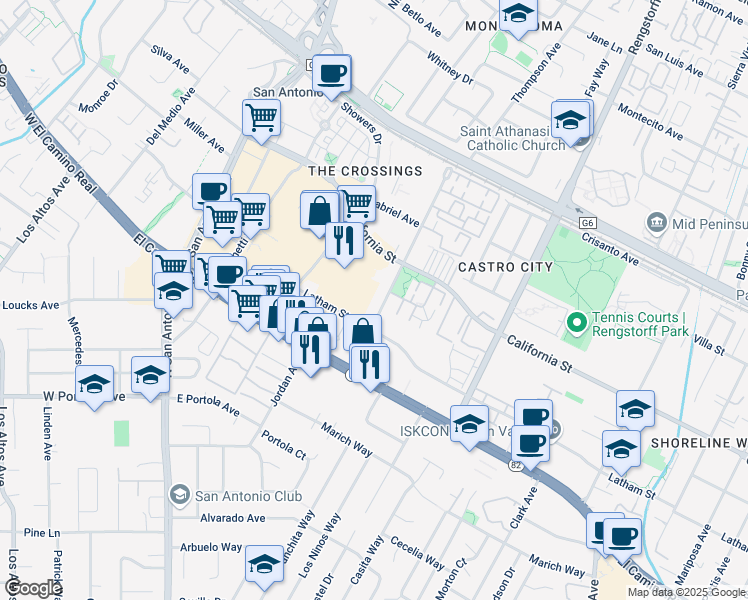 map of restaurants, bars, coffee shops, grocery stores, and more near 400 Ortega Avenue in Mountain View