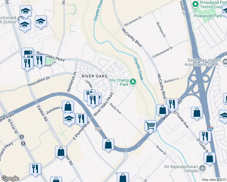 map of restaurants, bars, coffee shops, grocery stores, and more near 839 Printempo Place in San Jose