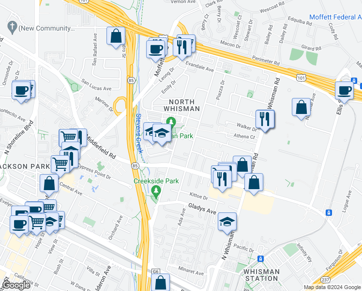 map of restaurants, bars, coffee shops, grocery stores, and more near 315 Easy Street in Mountain View