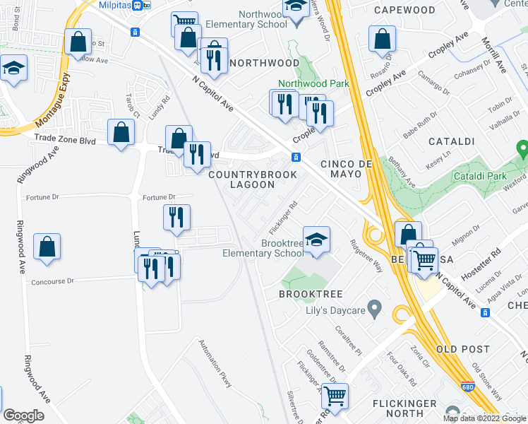map of restaurants, bars, coffee shops, grocery stores, and more near 1820 Canal Way in San Jose