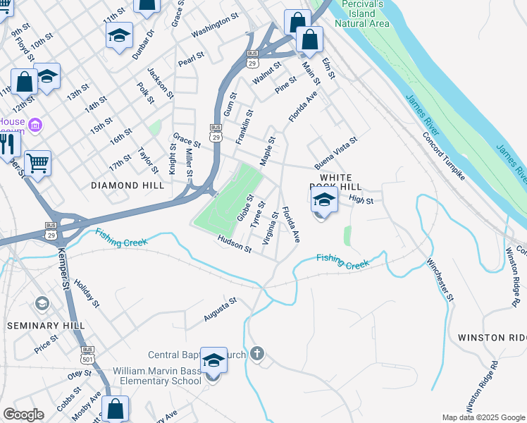 map of restaurants, bars, coffee shops, grocery stores, and more near 1010 Tyree Street in Lynchburg