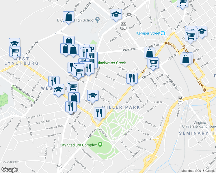 map of restaurants, bars, coffee shops, grocery stores, and more near 825 Centerdale Street in Lynchburg