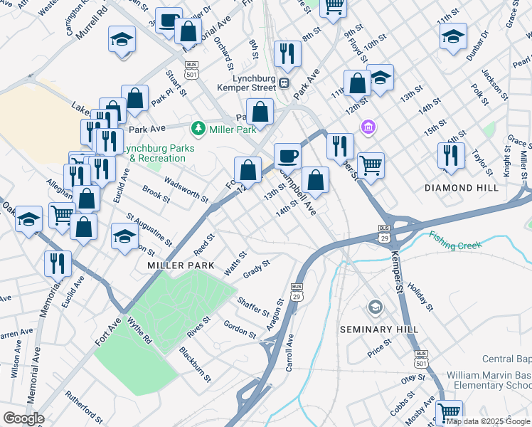 map of restaurants, bars, coffee shops, grocery stores, and more near 1313 Tilden Avenue in Lynchburg