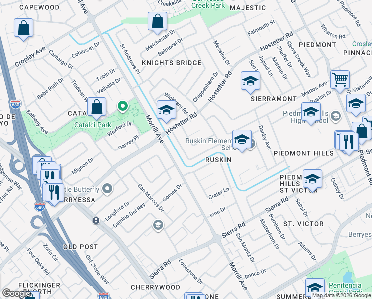 map of restaurants, bars, coffee shops, grocery stores, and more near 1511 Stubbins Way in San Jose