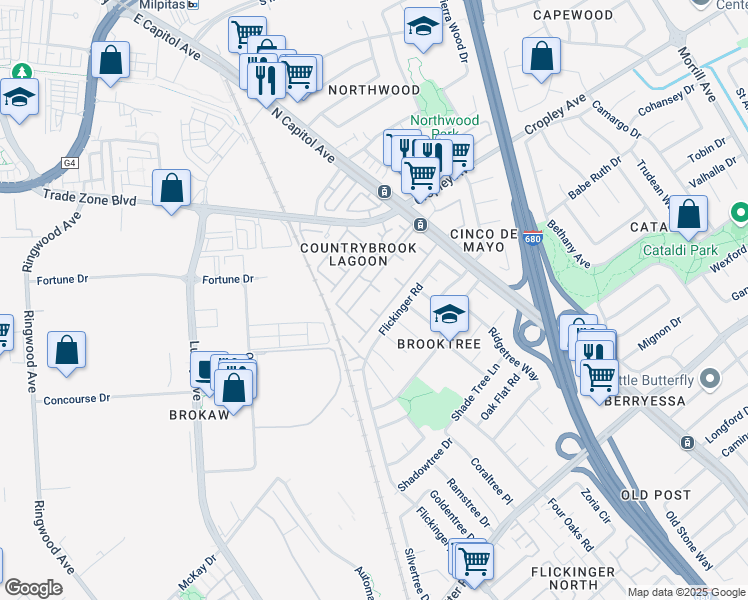 map of restaurants, bars, coffee shops, grocery stores, and more near 1820 Canal Way in San Jose
