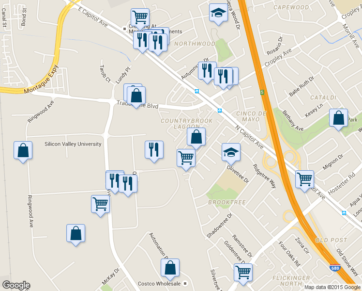 map of restaurants, bars, coffee shops, grocery stores, and more near 1820 Canal Way in San Jose