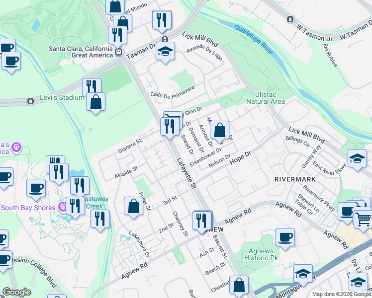 map of restaurants, bars, coffee shops, grocery stores, and more near 4666 Wilcox Avenue in Santa Clara