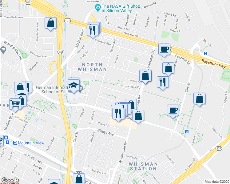 map of restaurants, bars, coffee shops, grocery stores, and more near 112 Flynn Avenue in Mountain View
