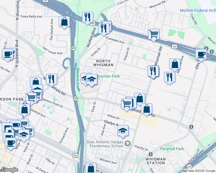 map of restaurants, bars, coffee shops, grocery stores, and more near 339 Tyrella Avenue in Mountain View