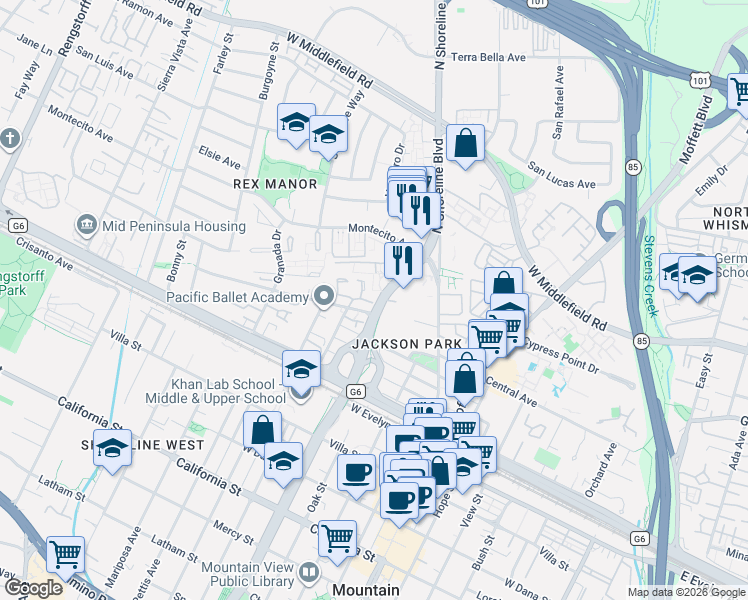 map of restaurants, bars, coffee shops, grocery stores, and more near 345 North Shoreline Boulevard in Mountain View