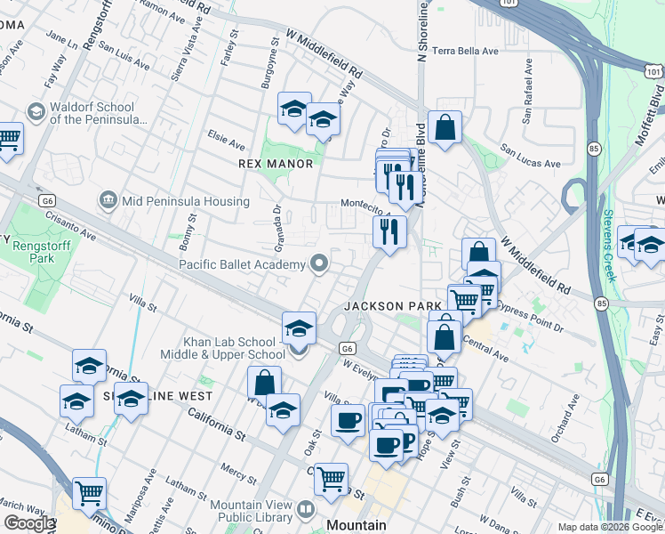 map of restaurants, bars, coffee shops, grocery stores, and more near 1003 Asbury Way in Mountain View