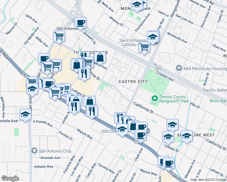 map of restaurants, bars, coffee shops, grocery stores, and more near 375 Oaktree Drive in Mountain View