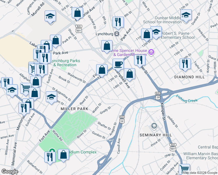 map of restaurants, bars, coffee shops, grocery stores, and more near 2208 14th Street in Lynchburg