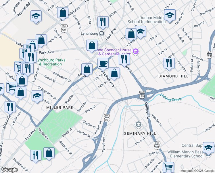 map of restaurants, bars, coffee shops, grocery stores, and more near 2005 15th Street in Lynchburg