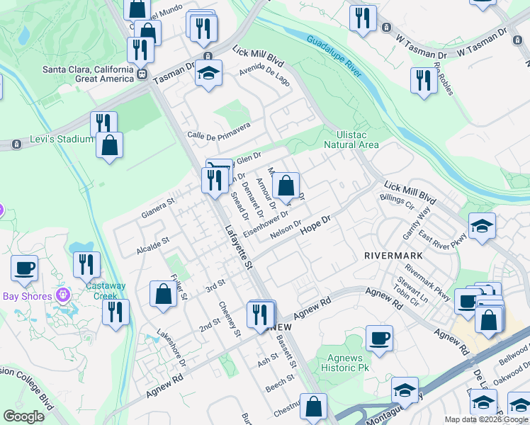 map of restaurants, bars, coffee shops, grocery stores, and more near 1882 Eisenhower Drive in Santa Clara