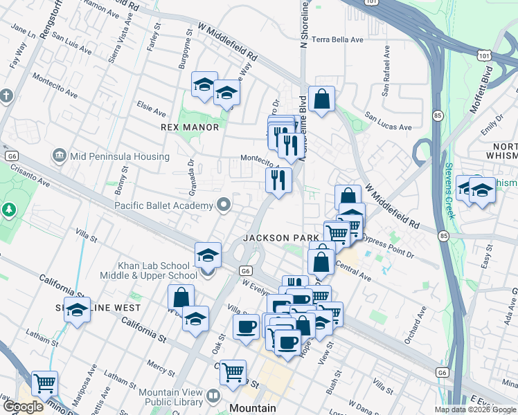 map of restaurants, bars, coffee shops, grocery stores, and more near 345 North Shoreline Boulevard in Mountain View