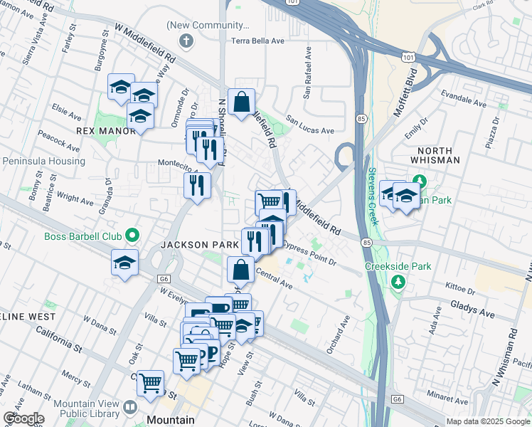 map of restaurants, bars, coffee shops, grocery stores, and more near 440 Moffett Boulevard in Mountain View