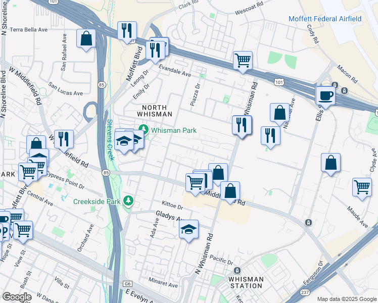 map of restaurants, bars, coffee shops, grocery stores, and more near 99 Sherland Avenue in Mountain View