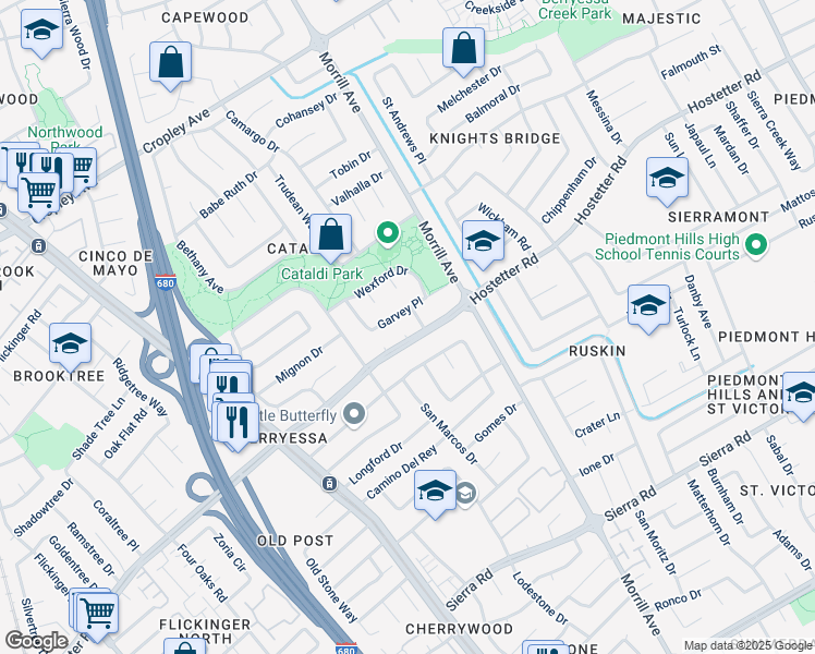 map of restaurants, bars, coffee shops, grocery stores, and more near 2813 Hostetter Road in San Jose